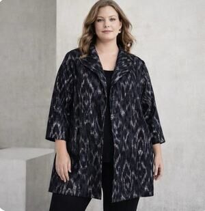 Eileen Fisher Sz 1X Italian Fabric Textured Silvery Ikat Black Jacket Coat